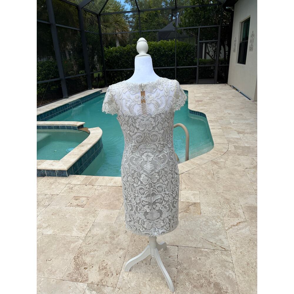 Tadashi Shoji Dress Lace Embroidery Metallic Mesh Sheath Evening Gown Cocktail - Picture 7 of 9